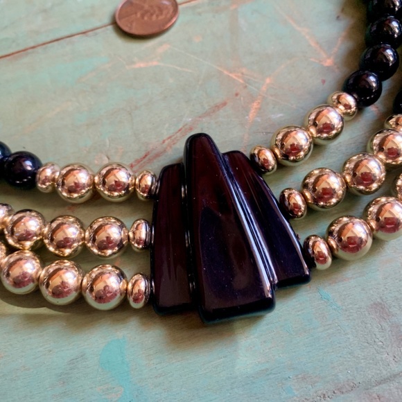 ๐ค๐ค Vintage Art Deco Inspired 3 Strands Black & Gold Bead Necklace ๐ค๐ค - Picture 2 of 9